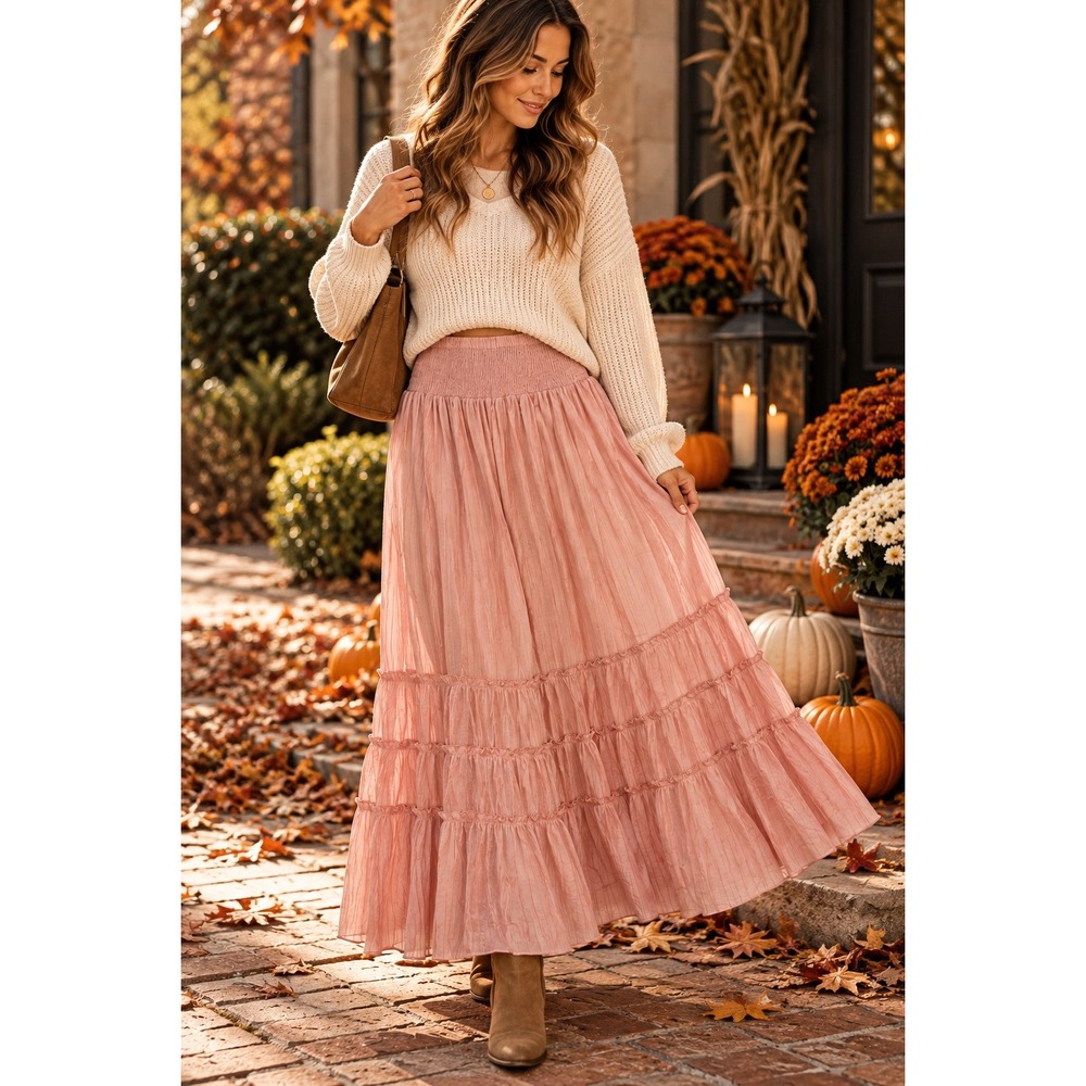 Halara Maxi Skirt S Pink Tiered Smocked Coquette Balletcore Boho Romantic Flowy
